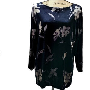 Jennifer Moore Womens Floral Velvet Long Boat Neckline Top Black Size Large